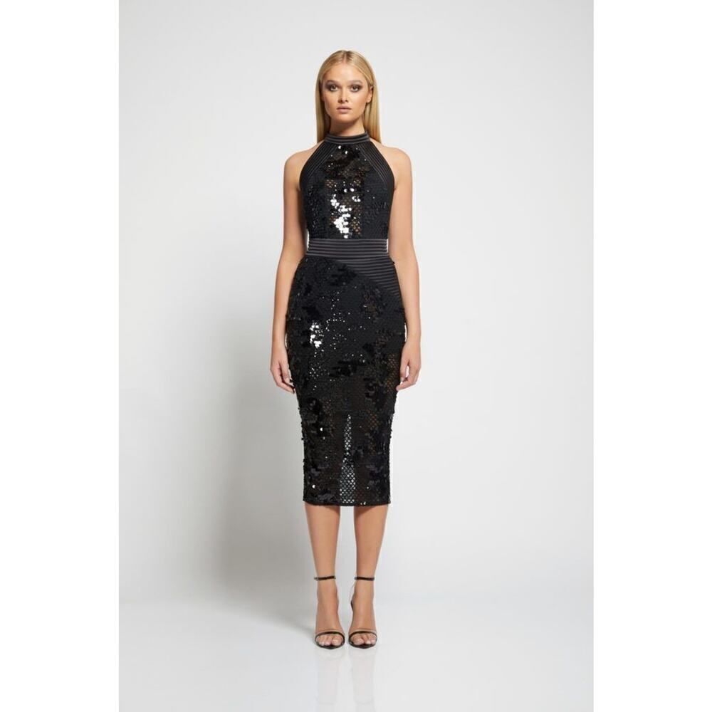 ZHIVAGO Ischia Open-Back Halter Sequin Midi Dress US4